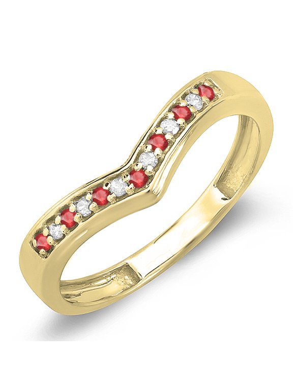 Collection 10K Round Ruby & White Diamond Wedding Stackable Band Guard Chevron Ring, Yellow Gold, Size 4