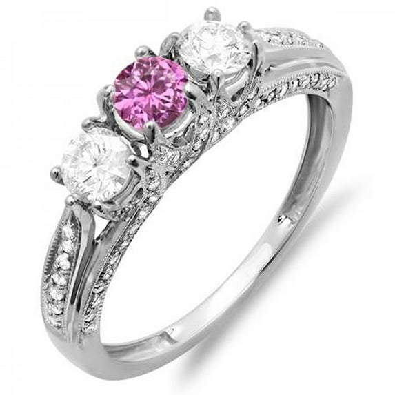 Dazzlingrock Collection 10K Round White Diamond And Pink Sapphire Vintage Bridal 3 Stone Engagement Ring, White Gold, Size 6