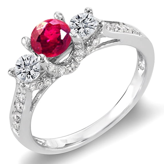 Dazzlingrock Collection 10K Round White Diamond And Ruby 3 Stone Ladies Bridal Engagement Ring, White Gold, Size 9