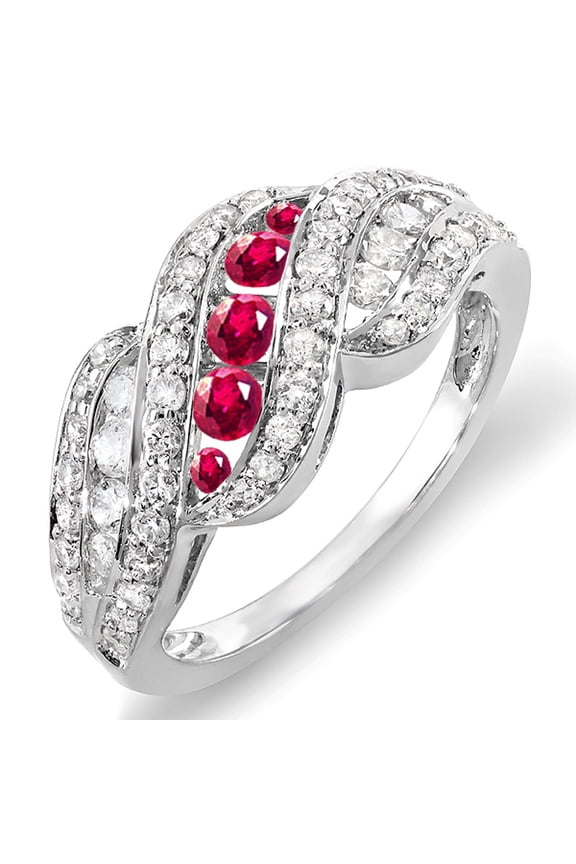 Collection 10K Round White Diamond And Ruby Ladies Cocktail Right Hand Ring, White Gold, Size 8
