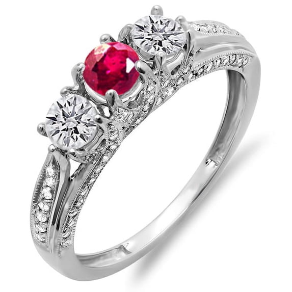 Dazzlingrock Collection 10K Round White Diamond And Ruby Ladies Vintage Bridal 3 Stone Engagement Ring, White Gold, Size 7.5