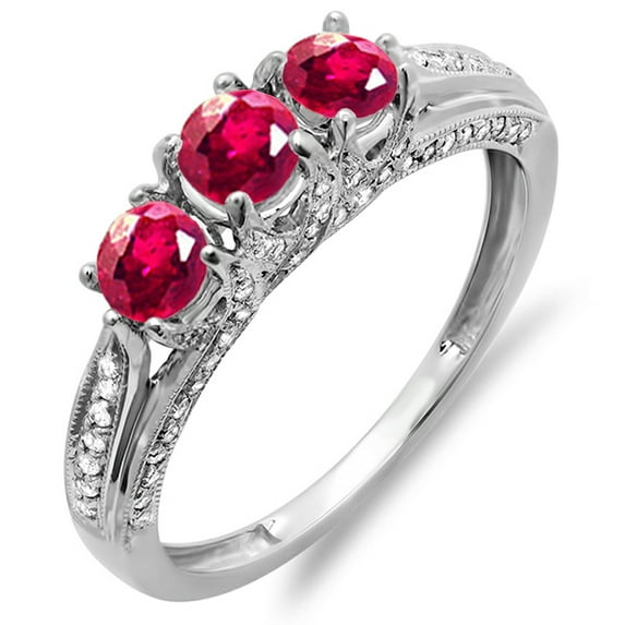 Dazzlingrock Collection 10K Round White Diamond And Ruby Ladies Vintage Bridal 3 Stone Engagement Ring, White Gold, Size 8