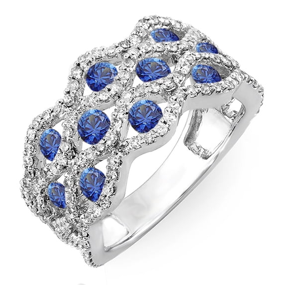 Dazzlingrock Collection 10K Round White Diamond & Blue Sapphire Ladies Cocktail Right Hand Ring, White Gold, Size 5