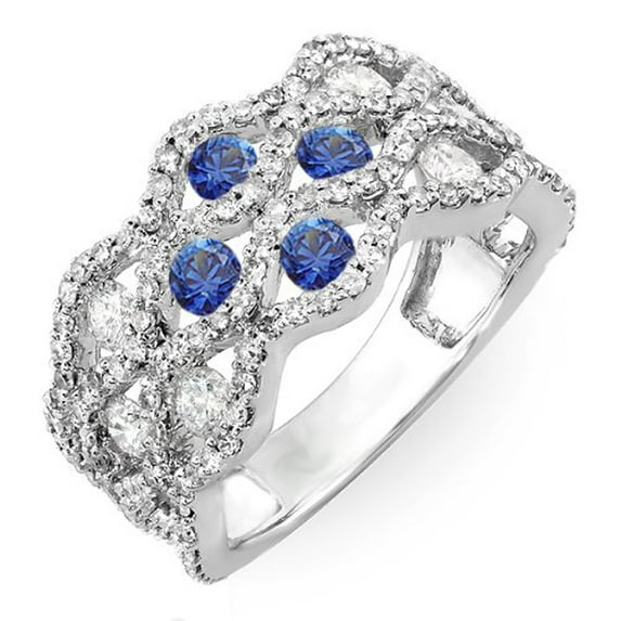 Dazzlingrock Collection 10K Round White Diamond & Blue Sapphire Ladies Cocktail Right Hand Ring, White Gold, Size 7.5