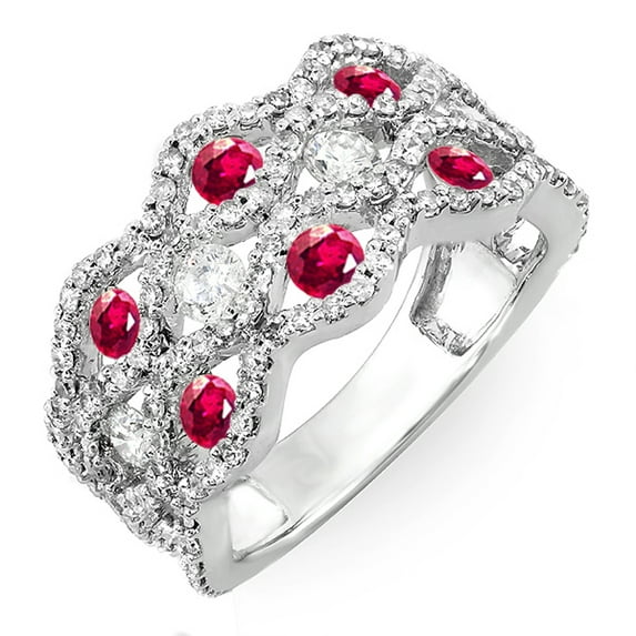 Dazzlingrock Collection 10K Round White Diamond & Ruby Ladies Cocktail Right Hand Ring, White Gold, Size 7