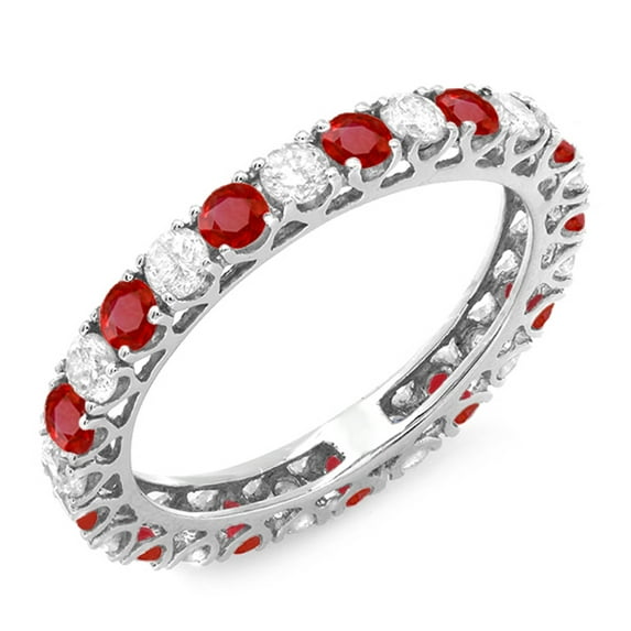 Dazzlingrock Collection 10K Round White Diamond & Ruby Ladies Eternity Wedding Anniversary Stackable Band, White Gold, Size 8.5