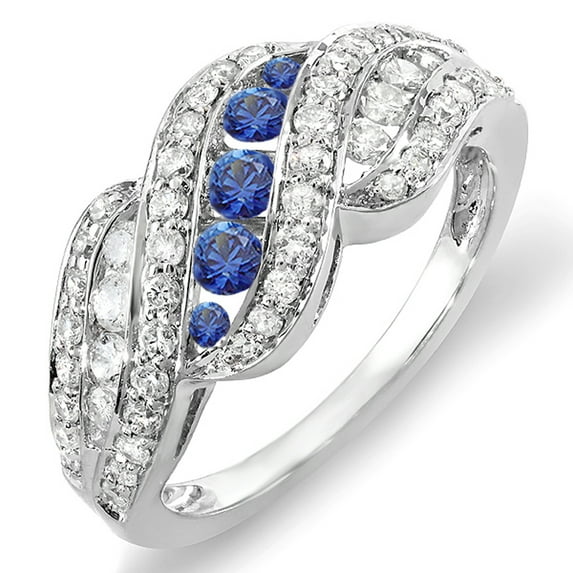 Dazzlingrock Collection 10K Round White Dimaond And Blue Sapphire Ladies Cocktail Right Hand Ring, White Gold, Size 5