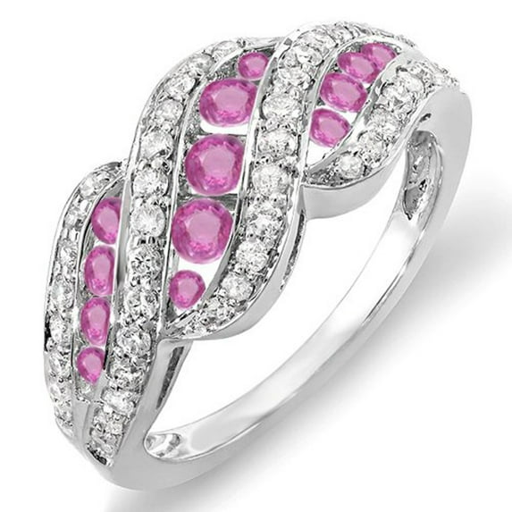 Dazzlingrock Collection 10K Round White Dimaond And Pink Sapphire Ladies Cocktail Right Hand Ring, White Gold, Size 5