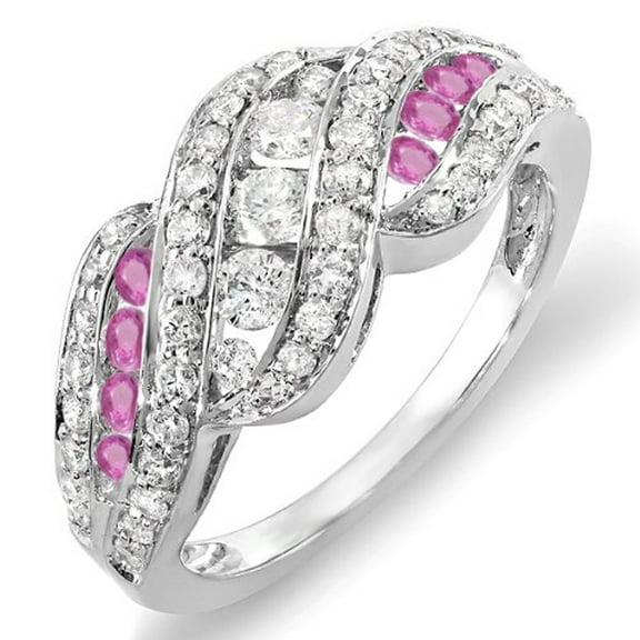 Dazzlingrock Collection 10K Round White Dimaond And Pink Sapphire Ladies Cocktail Right Hand Ring, White Gold, Size 8