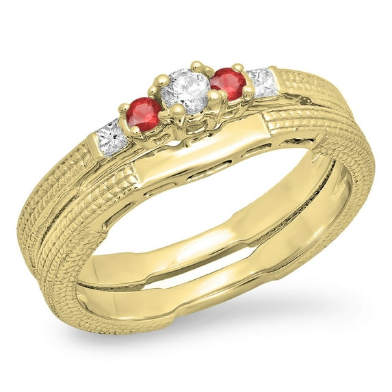 Dazzlingrock Collection 10K Ruby & White Diamond 5 Stone Bridal Engagement Ring Band Set, Yellow Gold, Size 9