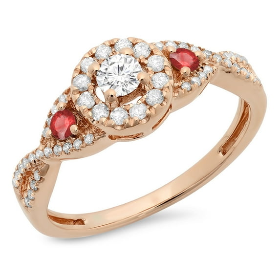 Dazzlingrock Collection 10K Ruby & White Diamond Ladies 3 Stone Swirl Halo Vintage Bridal Engagement Ring, Rose Gold, Size 9