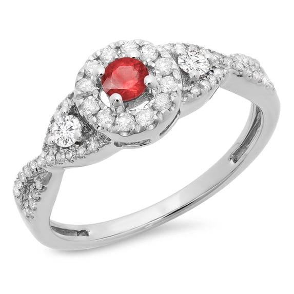 Dazzlingrock Collection 10K Ruby & White Diamond Ladies 3 Stone Swirl Halo Vintage Bridal Engagement Ring, White Gold, Size 4