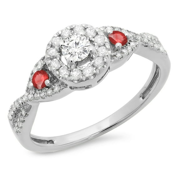 Dazzlingrock Collection 10K Ruby & White Diamond Ladies 3 Stone Swirl Halo Vintage Bridal Engagement Ring, White Gold, Size 5.5