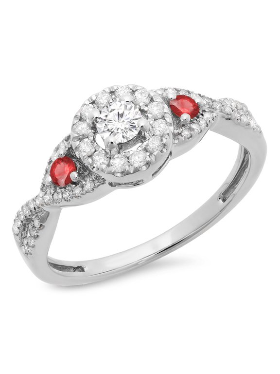 Collection 10K Ruby & White Diamond Ladies 3 Stone Swirl Halo Vintage Bridal Engagement Ring, White Gold, Size 5