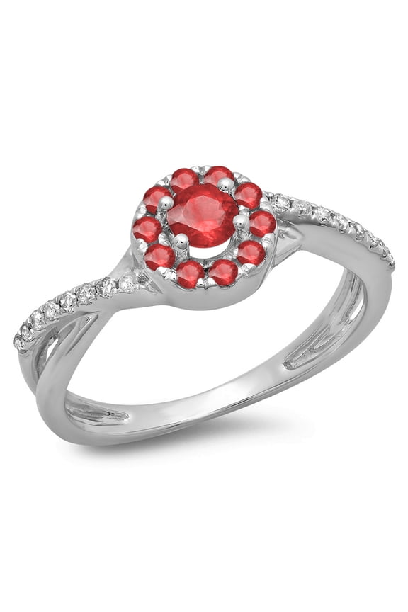 Collection 10K Ruby & White Diamond Ladies Split Shank Bridal Halo Engagement Ring, White Gold, Size 5