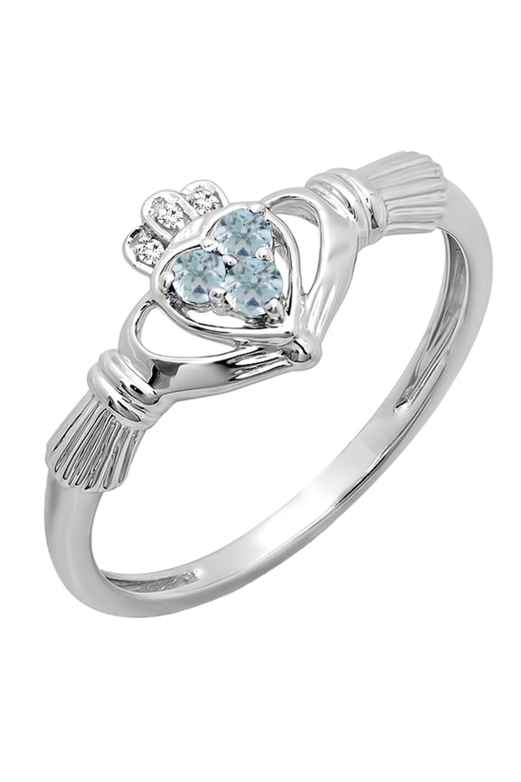 Collection 10K White Diamond And Aquamarine Bridal Promise Irish Love & Heart Shape Ring, White Gold, Size 6.5