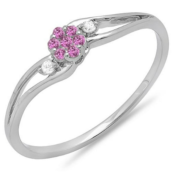 Dazzlingrock Collection 10K White Diamond & Pink Sapphire Bridal Swirl Split Shank Cluster Promise Ring, White Gold, Size 9