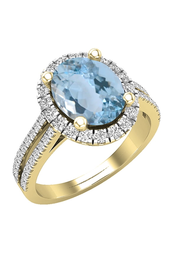 Collection 10X8mm Oval Aquamarine & Round White Diamond Halo Style Engagement Ring for Women (0.40 ctw, Color I-J, Clarity I1-I2) in 18K Yellow Gold, Size 7