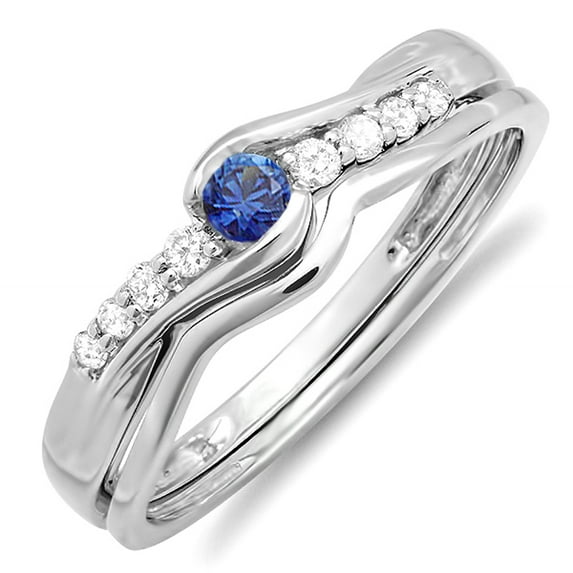 Dazzlingrock Collection 10k Blue Sapphire And White Diamond Ladies Bridal Engagement Wedding Ring Band Set, White Gold, Size 8