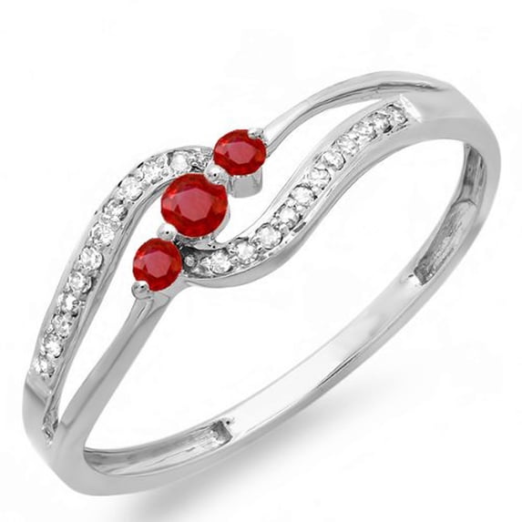 Dazzlingrock Collection 10k Round Ruby And White Diamond Ladies 3 stone Engagement Promise Ring, White Gold, Size 7.5