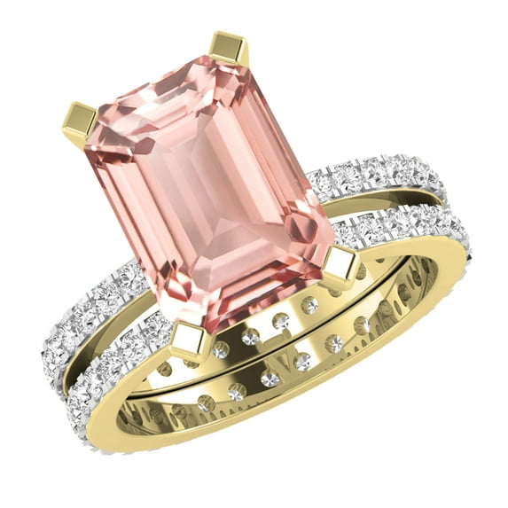 Dazzlingrock Collection 10x7mm Emerald Cut Morganite & 1.19 Ctw Round White Diamond Eternity Wedding Ring Set for Women in 10K Yellow Gold, Size 5
