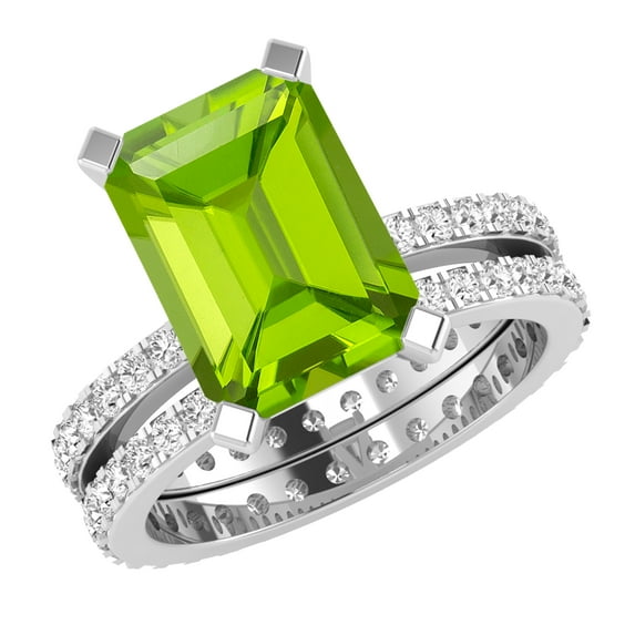 Dazzlingrock Collection 10x7mm Emerald Cut Peridot & 1.19 Ctw Round White Diamond Eternity Wedding Ring Set for Ladies in 18K White Gold, Size 5