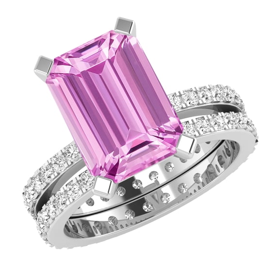 Dazzlingrock Collection 10x7mm Lab-Created Emerald Cut Pink Sapphire & 1.19 Ctw Round White Diamond Eternity Wedding Ring Set for Her in 14K White Gold, Size 5