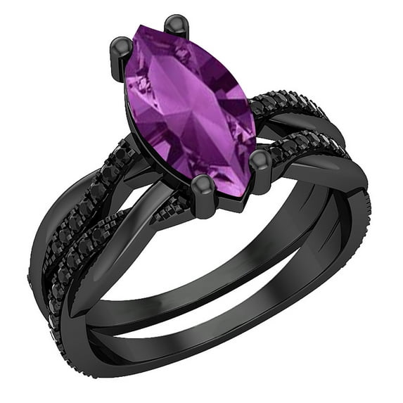 Dazzlingrock Collection 12X6mm Marquise Amethyst & Round Black Diamond Engagement Ring Set for Women (0.30 ctw, Color Black, Clarity Opaque) in Black Rhodium Plated 10K White Gold, Size 7.5