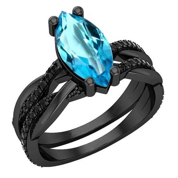 Dazzlingrock Collection 12X6mm Marquise Blue Topaz & Round Black Diamond Engagement Ring Set for Women (0.30 ctw, Color Black, Clarity Opaque) in Black Rhodium Plated Sterling Silver, Size 9