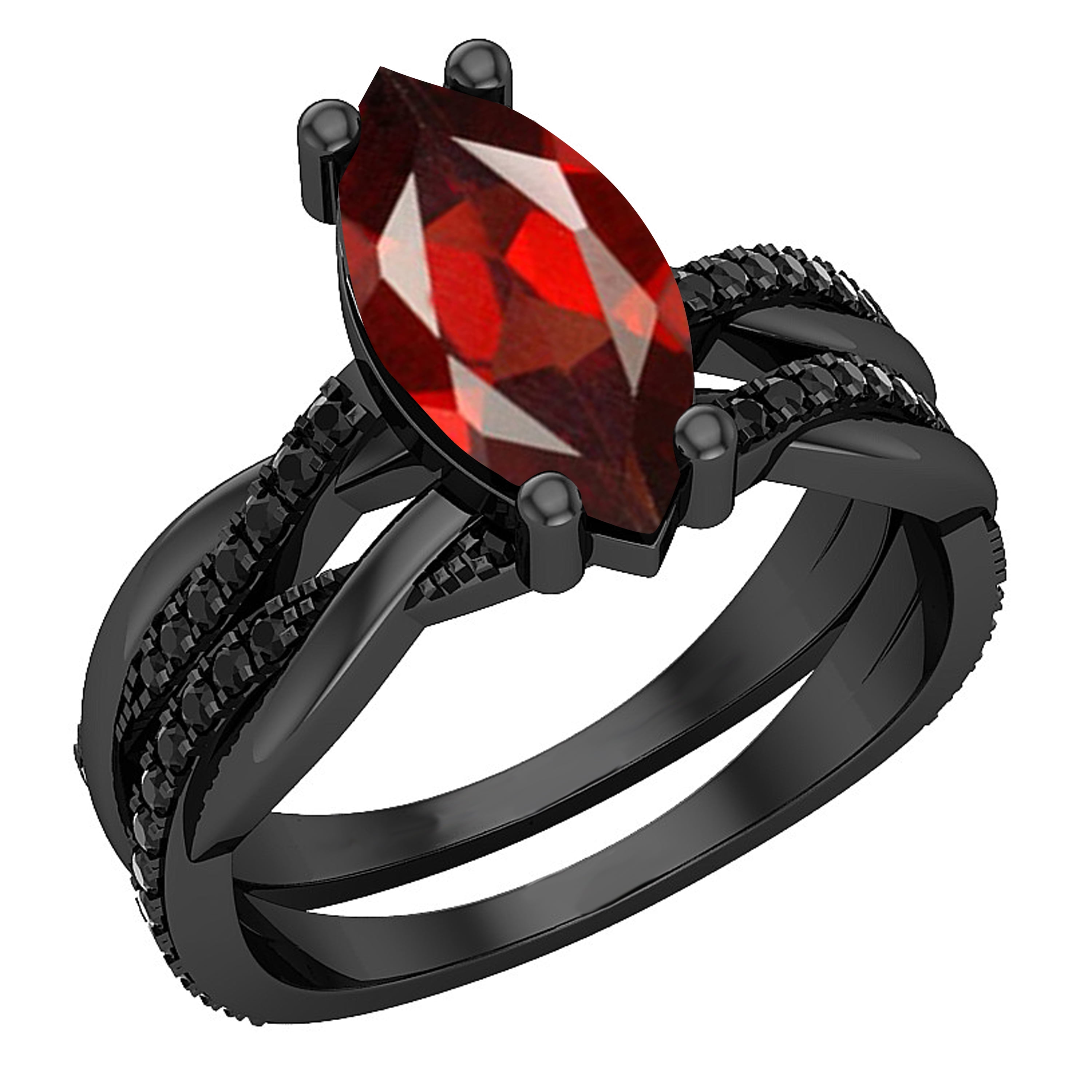 Dazzlingrock Collection 12X6mm Marquise Garnet & Round Black Diamond Engagement Ring Set for Women (0.30 ctw, Color Black, Clarity Opaque) in Black Rhodium Plated 10K White Gold, Size 5