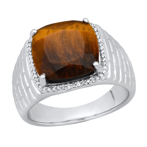 Dazzlingrock Collection 13mm Cushion Tiger Eye Stone & Round White Diamond Halo Style Wedding Ring for Men (0.20 ctw, Color I-J, Clarity I2-I3) in 925 Sterling Silver, Size 8.5
