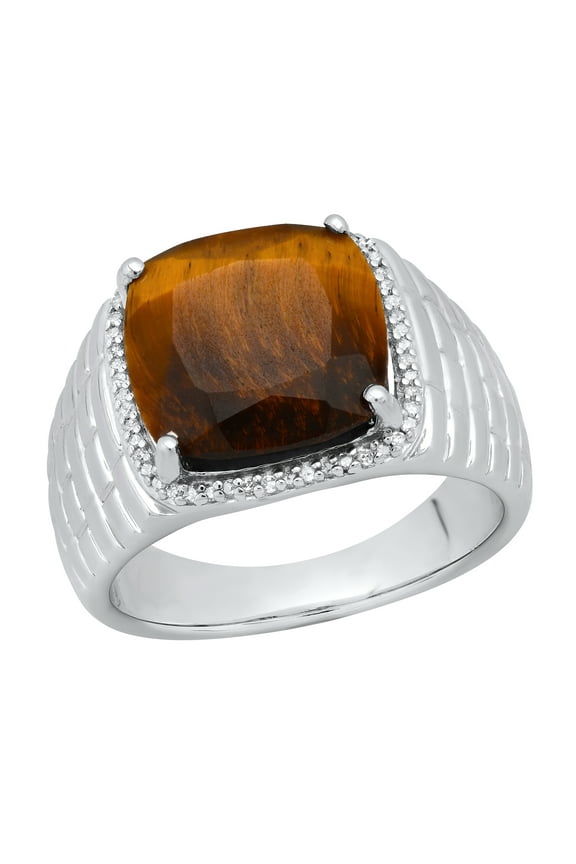 Collection 13mm Cushion Tiger Eye Stone & Round White Diamond Halo Style Wedding Ring for Men (0.20 ctw, Color I-J, Clarity I2-I3) in 925 Sterling Silver, Size 11