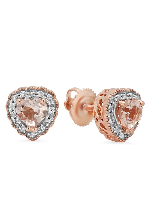 Collection 14K 5 MM Each Heart Shaped Morganite & Round White Diamond Ladies Halo Stud Earrings, Rose Gold