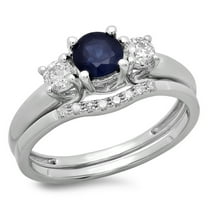 Dazzlingrock Collection 14K 5 MM Round Blue Sapphire & Diamond Bridal 3 Stone Engagement Ring Set, White Gold, Size 7