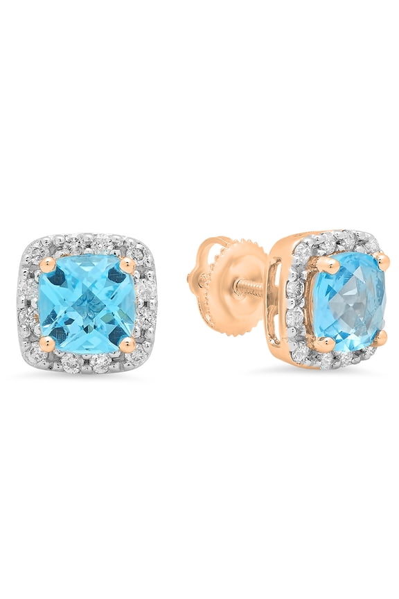 Collection 14K 6 MM Each Cushion Blue Topaz & Round Diamond Ladies Square Frame Stud Earrings, Rose Gold