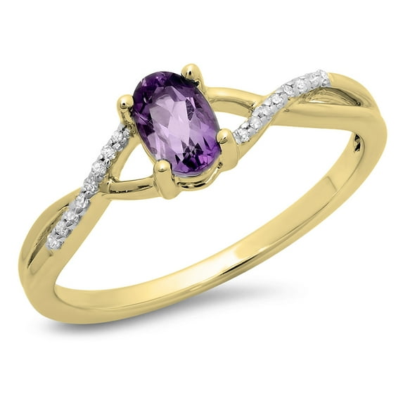 Dazzlingrock Collection 14K 6X4 MM Amethyst & White Diamond Bridal Swirl Engagement Promise Ring, Yellow Gold, Size 7