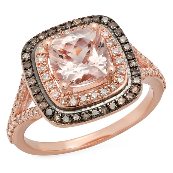 Dazzlingrock Collection 14K 7.5 MM Cushion Morganite & Round Champagne & White Diamond Engagement Ring, Rose Gold, Size 5.5