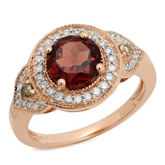Dazzlingrock Collection 14K 7.5 MM Round Garnet,Champagne & White Diamond Halo Bridal Engagement Ring, Rose Gold, Size 4.5