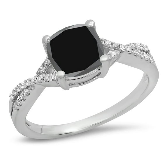 Dazzlingrock Collection 14K 7 MM Cushion Black Sapphire & Round Diamond Ladies Swirl Engagement Ring, White Gold, Size 4.5