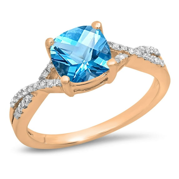 Dazzlingrock Collection 14K 7 MM Cushion Blue Topaz & Round Diamond Ladies Swirl Engagement Ring, Rose Gold, Size 7