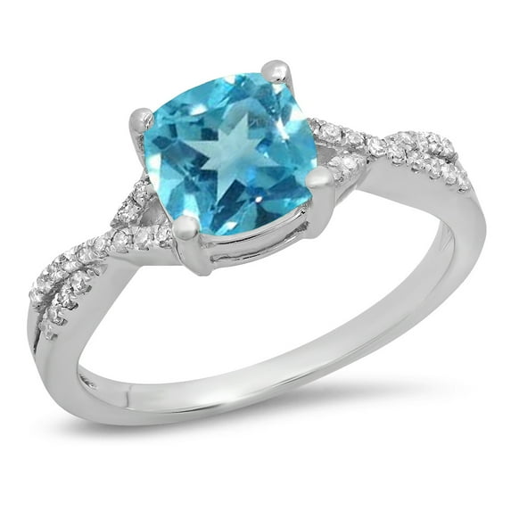 Dazzlingrock Collection 14K 7 MM Cushion Blue Topaz & Round Diamond Ladies Swirl Engagement Ring, White Gold, Size 10