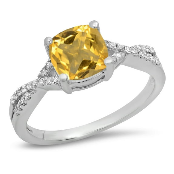 Dazzlingrock Collection 14K 7 MM Cushion Citrine & Round Diamond Ladies Swirl Engagement Ring, White Gold, Size 9