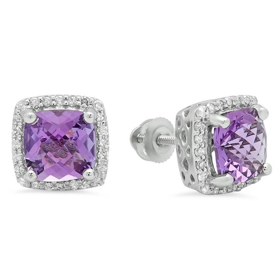 Dazzlingrock Collection 14K 7 MM Each Cushion Amethyst & Round Diamond Ladies Square Frame Halo Stud Earrings, White Gold