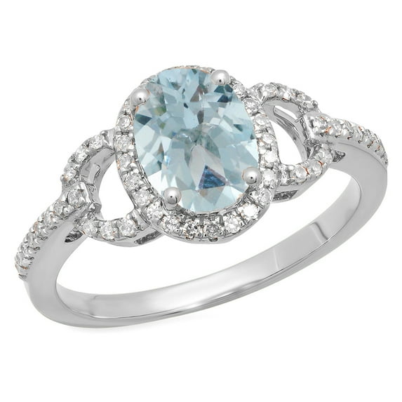 Dazzlingrock Collection 14K 8X6 MM Each Oval Aquamarine & Round Diamond Ladies Halo Engagement Ring, White Gold, Size 7.5