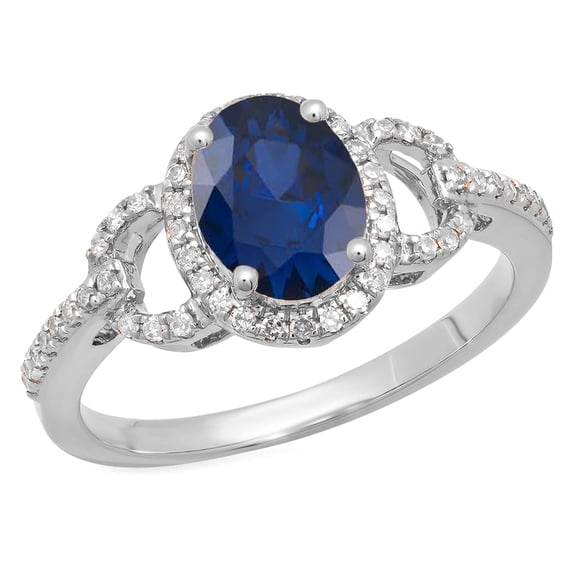 Dazzlingrock Collection 14K 8X6 MM Each Oval Blue Sapphire & Round Diamond Ladies Halo Engagement Ring, White Gold, Size 6.5