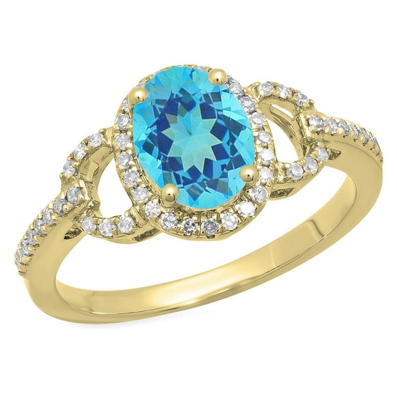 Dazzlingrock Collection 14K 8X6 MM Each Oval Blue Topaz & Round Diamond Ladies Halo Engagement Ring, Yellow Gold, Size 8