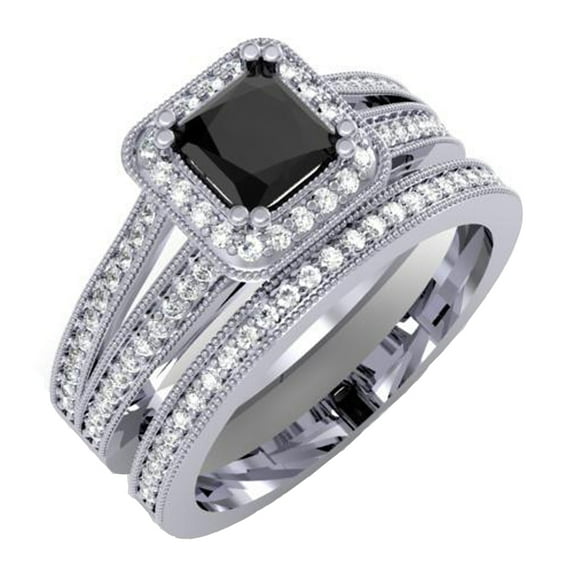 Dazzlingrock Collection 14K Black Cubic Zirconia & White Diamond Halo Bridal Engagement Ring Set, White Gold, Size 6