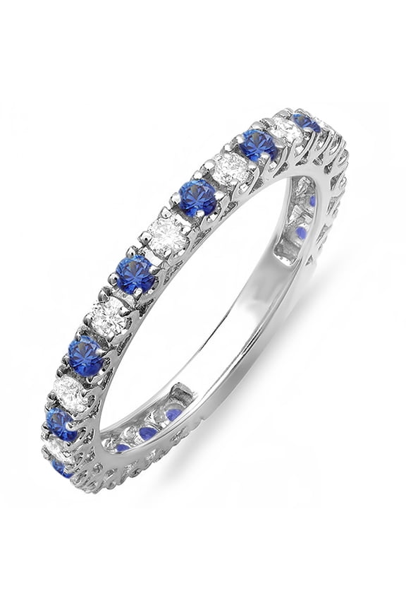 Collection 14K Blue Sapphire And White Diamond Eternity Sizeable Stackable Ring Wedding Band, White Gold, Size 9