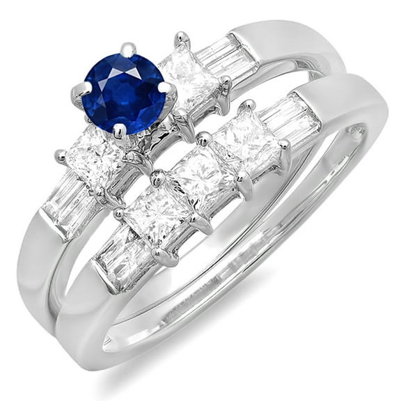 Dazzlingrock Collection 14K Blue Sapphire And White Diamond Ladies Bridal Engagement Ring Set, White Gold, Size 5
