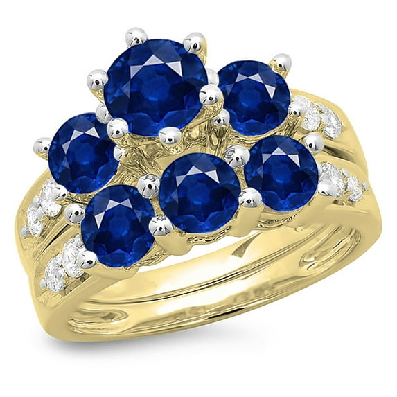 Dazzlingrock Collection 14K Blue Sapphire & White Diamond Bridal 3 Stone Engagement Ring Set, Yellow Gold, Size 4.5